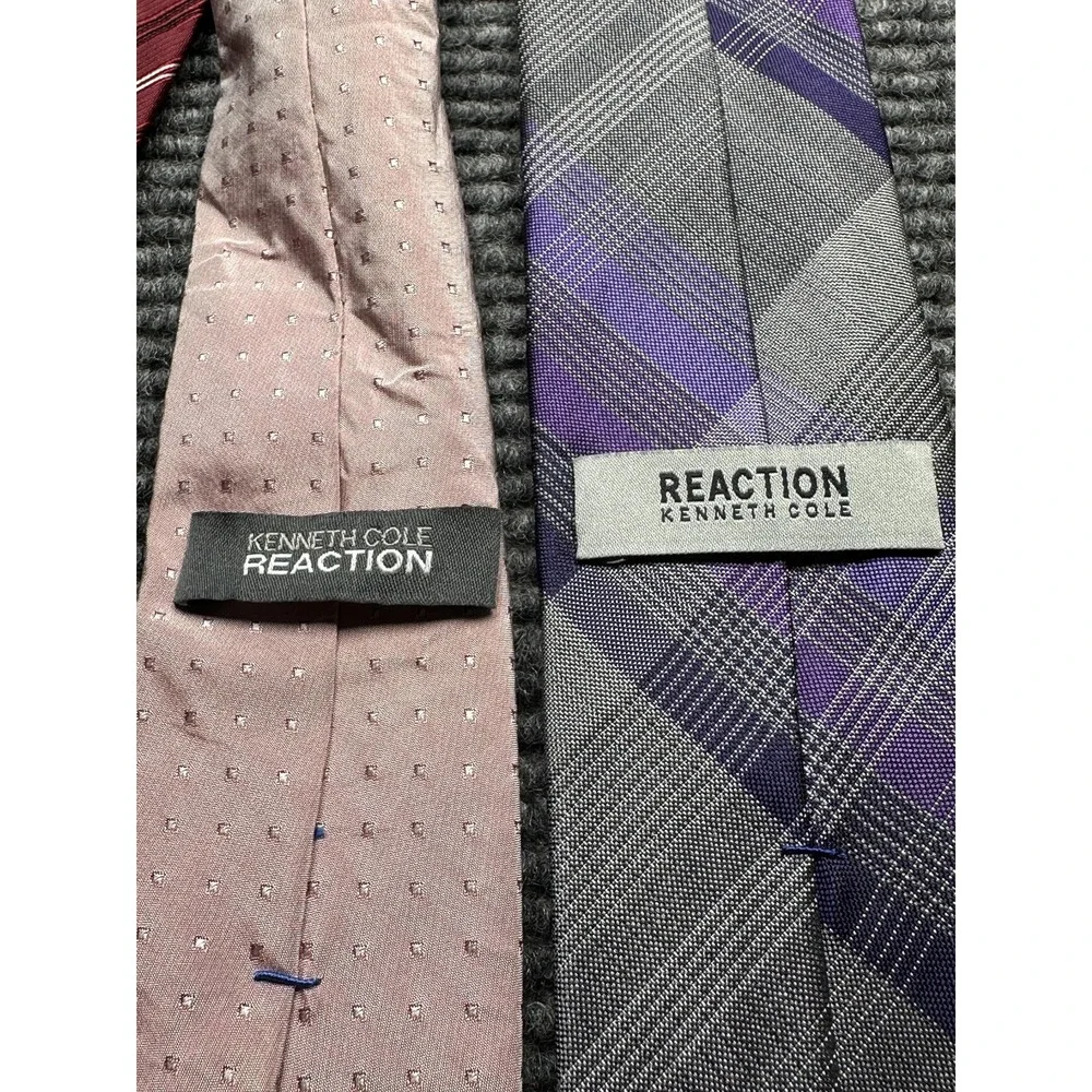 Kenneth Cole Reaction Ties Mens Silk Lot of 3 Red‎ Stripe Pink Dot Purple Plaid